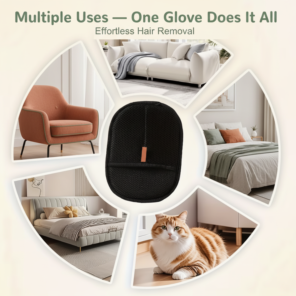 Multiple uses infographic for pet hair removal glove